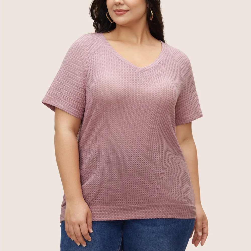 Bloomchic Plain Waffle Knit V Neck T-Shirt